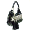 Bolsa em Couro Sintético Verniz Santino Preto e Cinza.